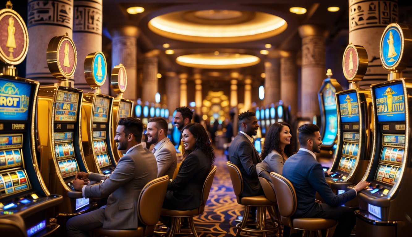 Orang-orang bermain mesin slot di dalam kasino dengan dekorasi bertema Mesir kuno yang mewah.