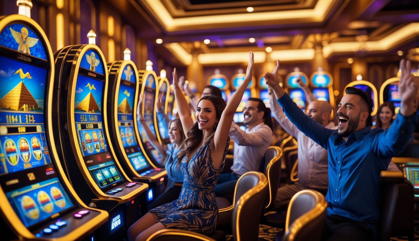 Orang-orang sedang merayakan kemenangan besar di mesin slot bertema Mesir kuno di dalam kasino yang mewah.