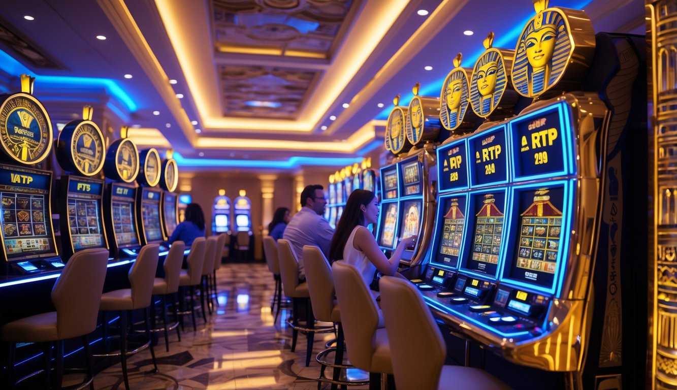 Area mesin slot bertema Mesir kuno dengan pemain yang sedang bermain di kasino modern.