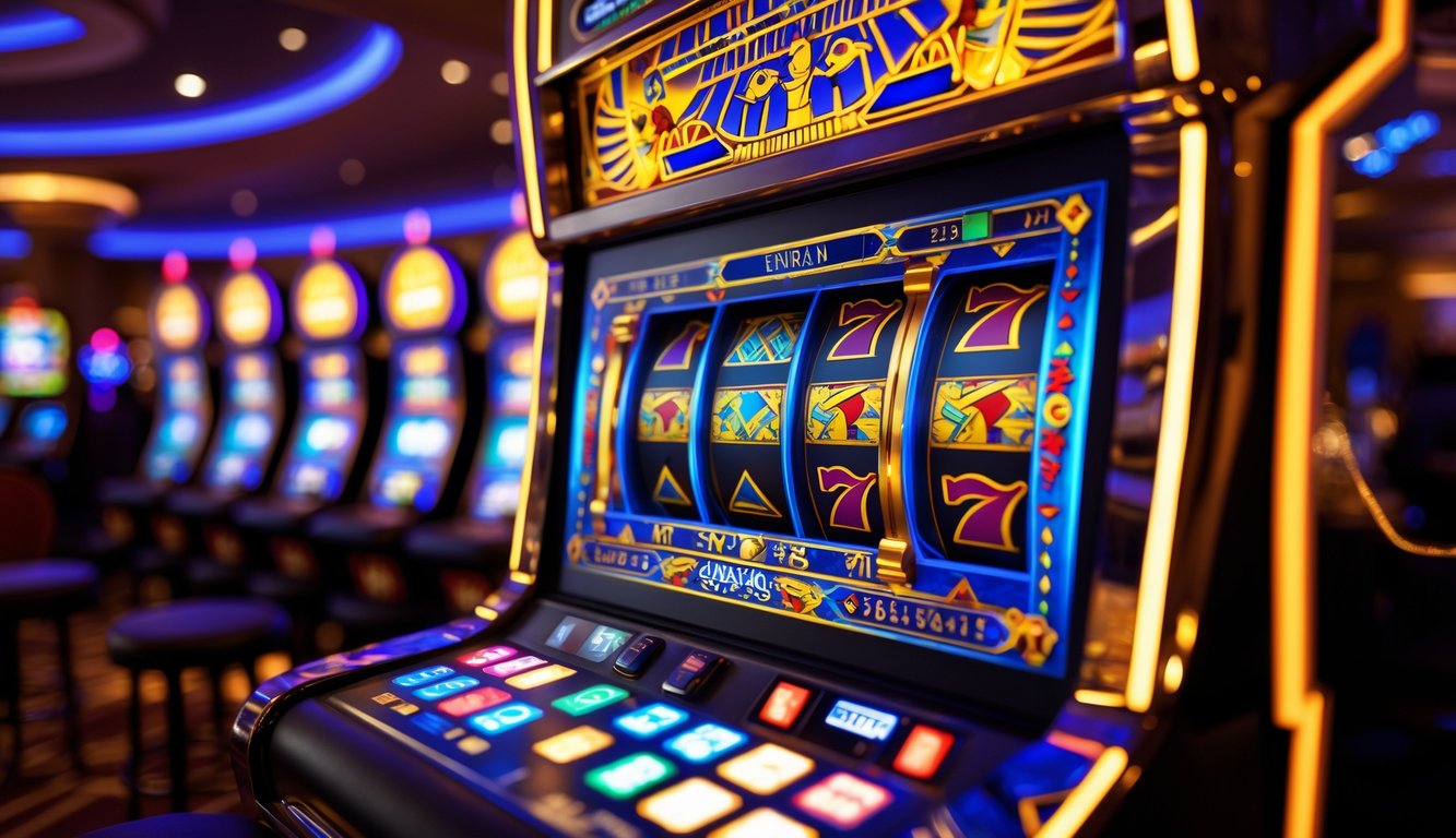Mesin slot bertema Mesir dengan simbol-simbol ikonik di dalam kasino yang terang dan ramai.