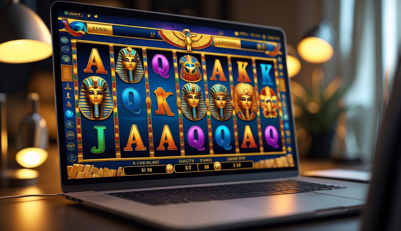 Layar komputer menampilkan permainan slot bertema Mesir kuno dengan simbol seperti scarab emas, topeng firaun, dan piramida di meja kerja yang rapi.