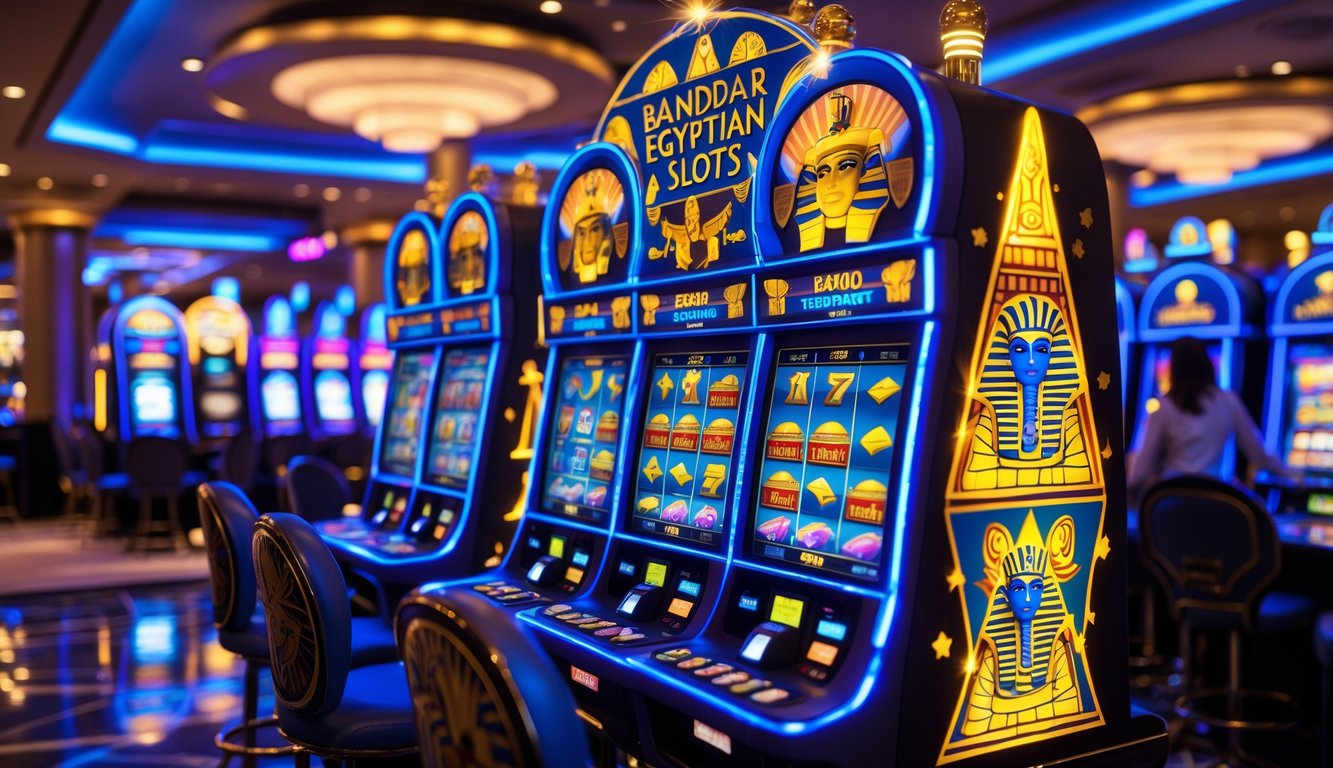 Suasana kasino dengan mesin slot bertema Mesir yang menampilkan kemenangan besar dan lampu warna-warni.