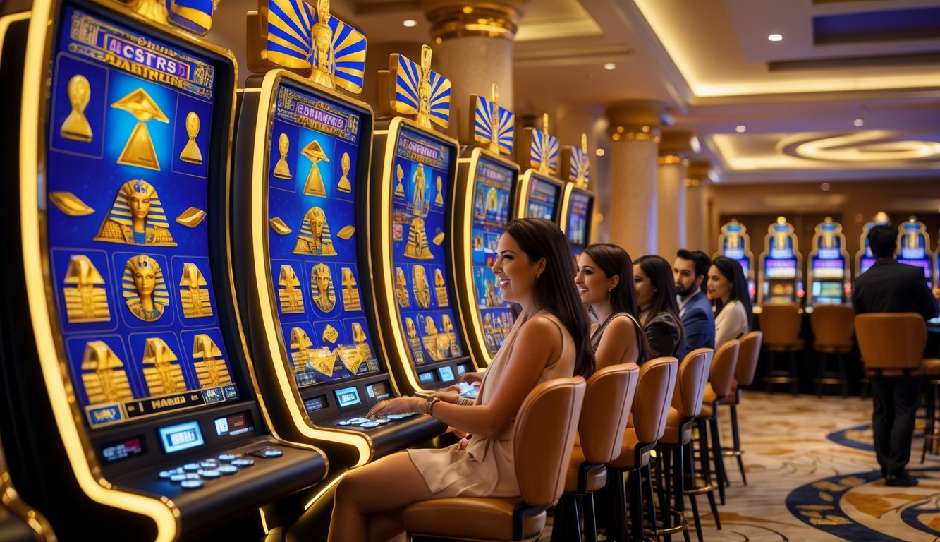 Suasana kasino mewah dengan mesin slot bertema Mesir kuno dan beberapa orang sedang bermain dengan serius.