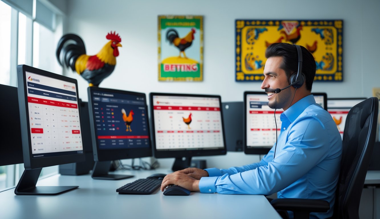 Seorang agen profesional duduk di meja kantor dengan beberapa monitor komputer yang menampilkan informasi taruhan sabung ayam, di ruangan yang bersih dan terang dengan dekorasi ayam jago dan lukisan lokal.