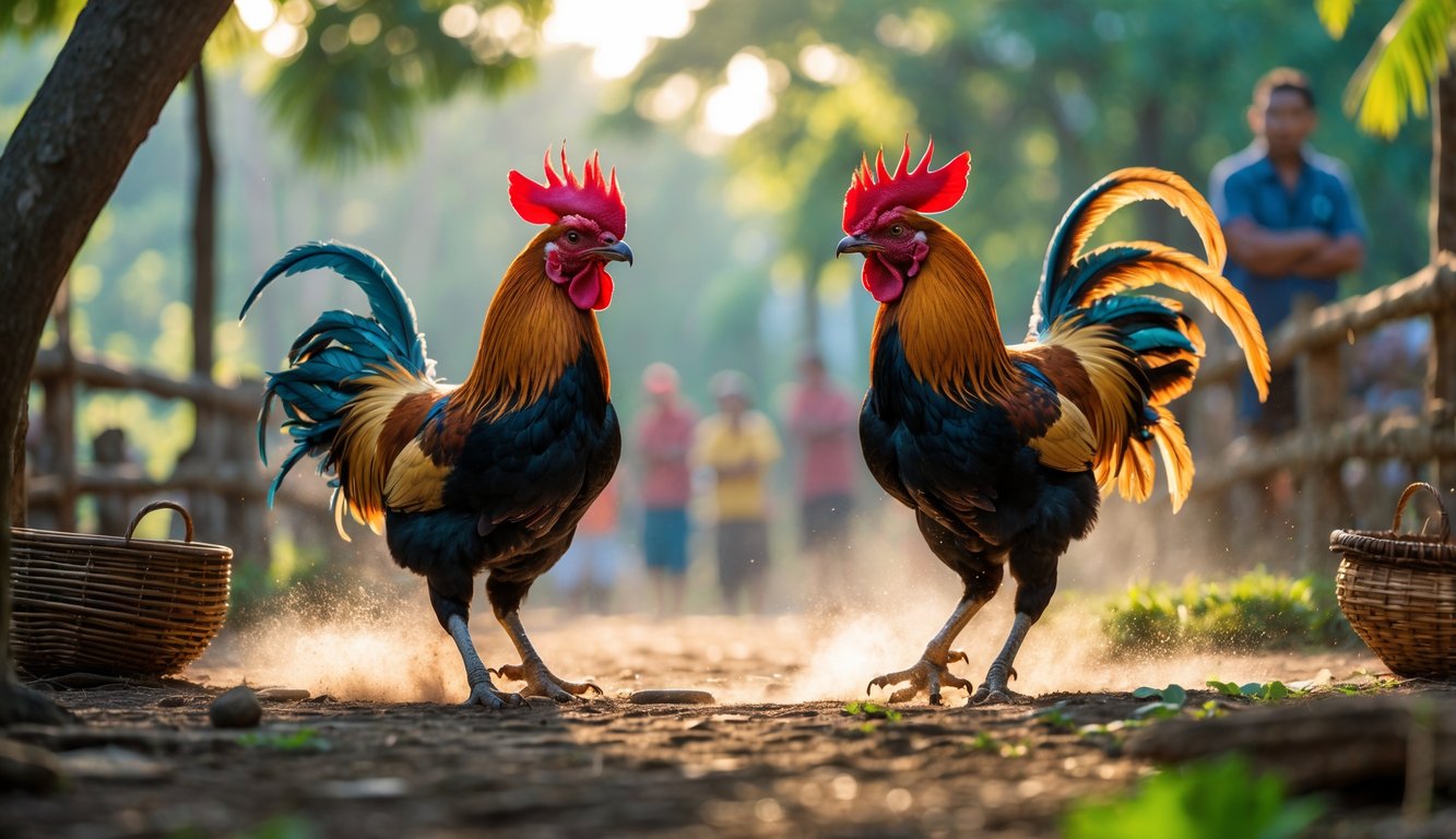 Dua ayam jago berwarna-warni sedang bertarung di luar ruangan dengan latar belakang alam dan beberapa orang yang mengamati dari kejauhan.