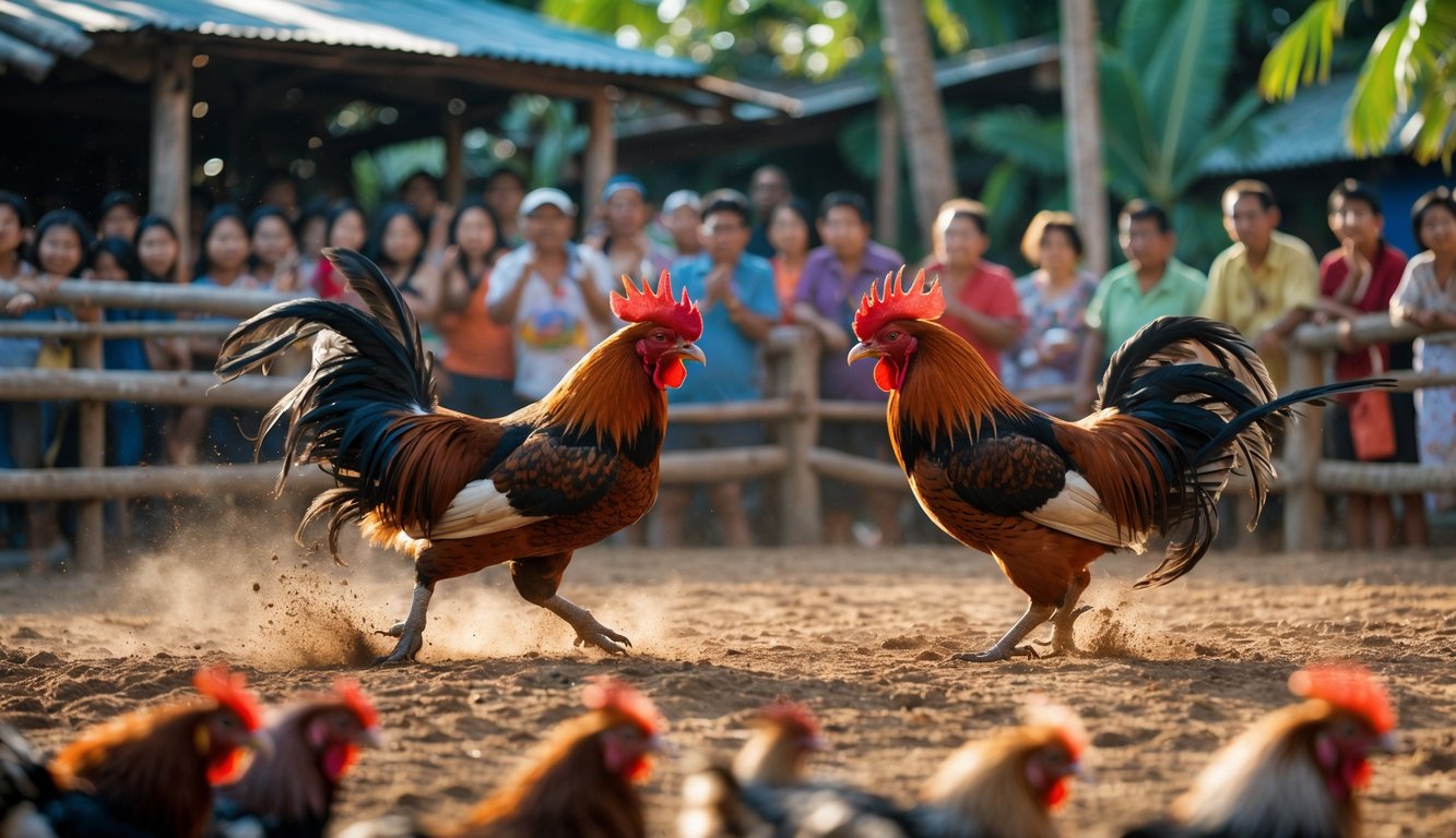 Dua ayam jago sedang bertarung di arena terbuka dengan penonton yang memperhatikan dari belakang.