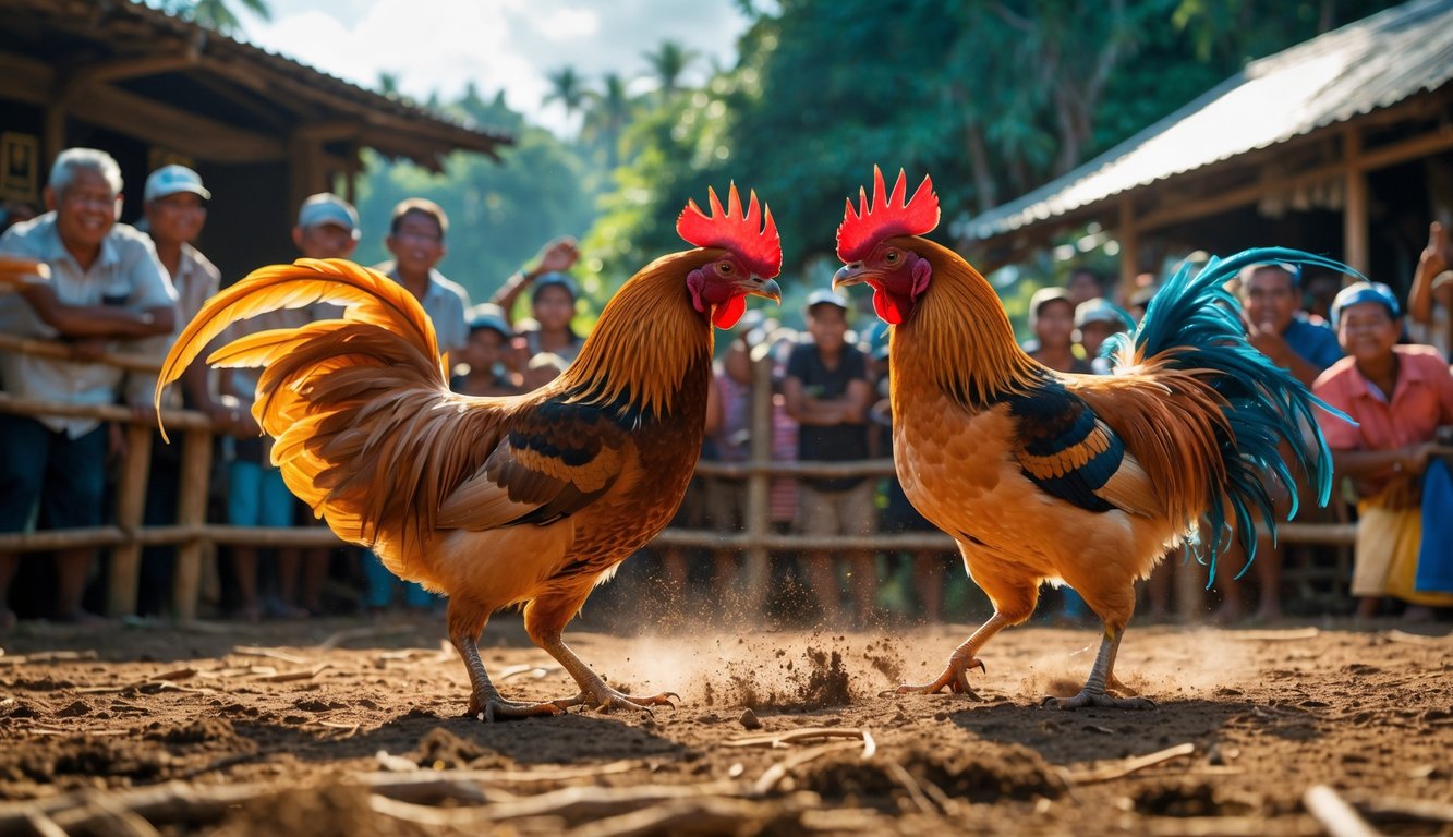 Suasana arena sabung ayam tradisional dengan dua ayam jago bertarung dan penonton yang antusias di latar belakang.