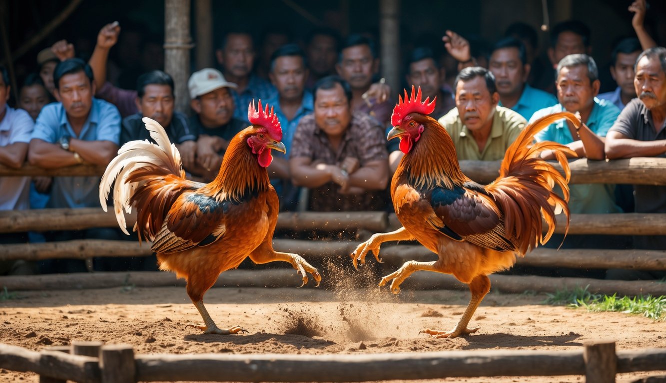 Dua ayam jago sedang bertarung di arena kayu dengan penonton yang memperhatikan dengan serius di sekitarnya.