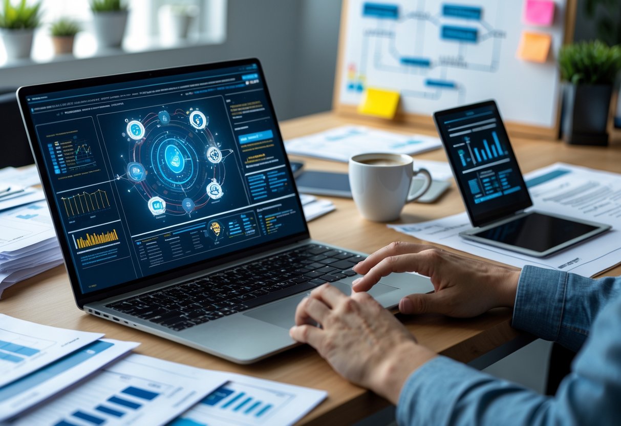Un espace de travail moderne avec un ordinateur portable et des documents techniques, une personne tape sur le clavier dans un environnement professionnel.