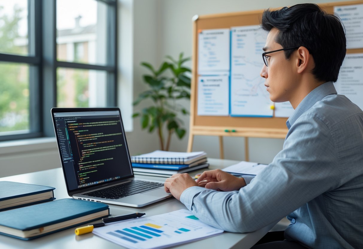 Une personne concentrée assise à un bureau avec un ordinateur portable, des cahiers et des documents, préparant un projet de mémoire technique dans un environnement lumineux et organisé.
