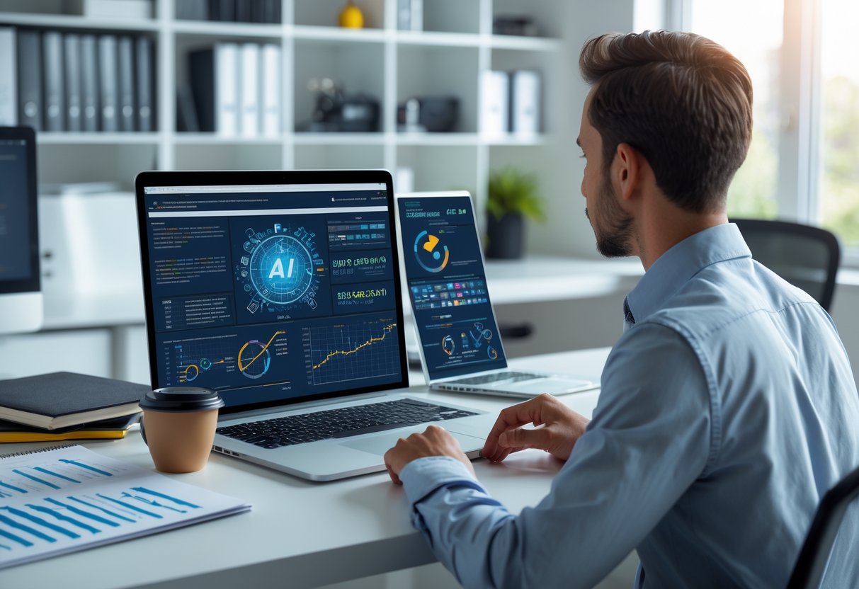 Personne concentrée travaillant sur un ordinateur portable dans un bureau moderne, entourée de livres et de matériel technique.