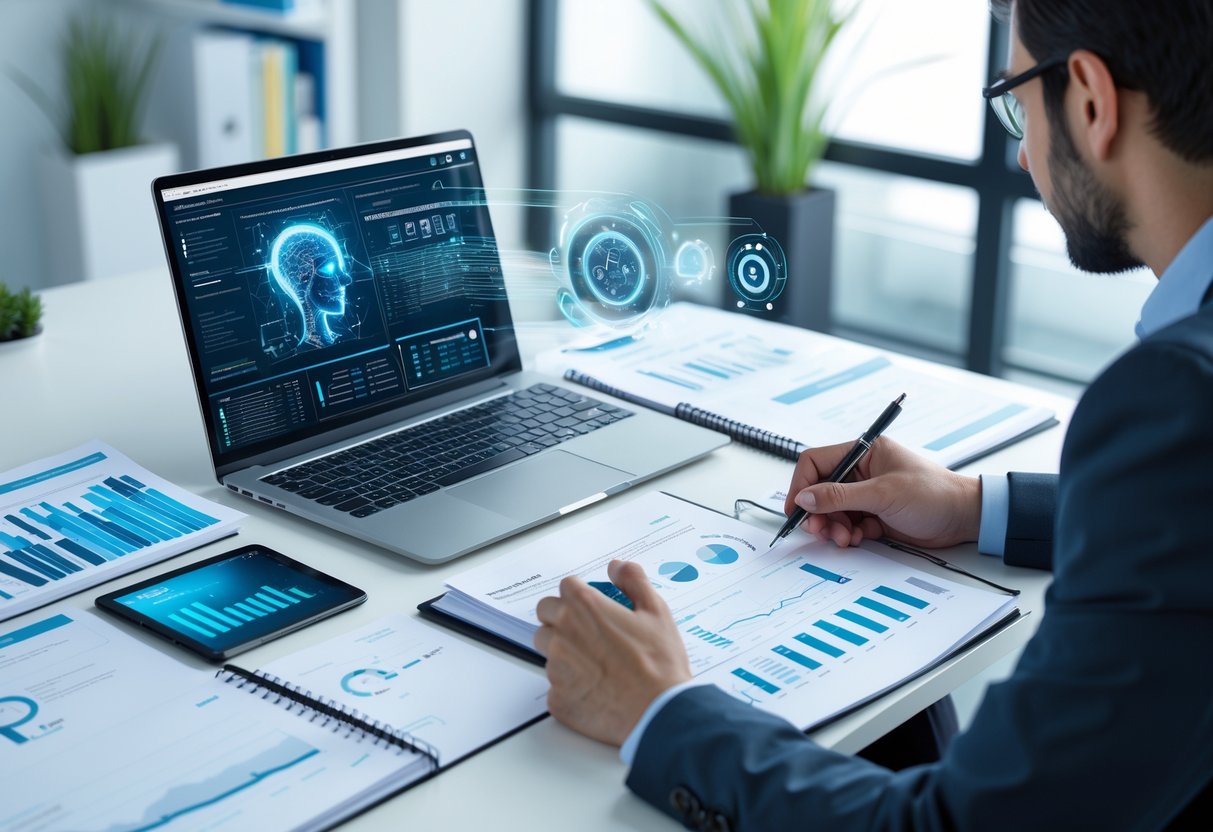 Une personne concentrée rédige un mémoire technique avec l’aide d’un ordinateur dans un bureau moderne bien organisé.