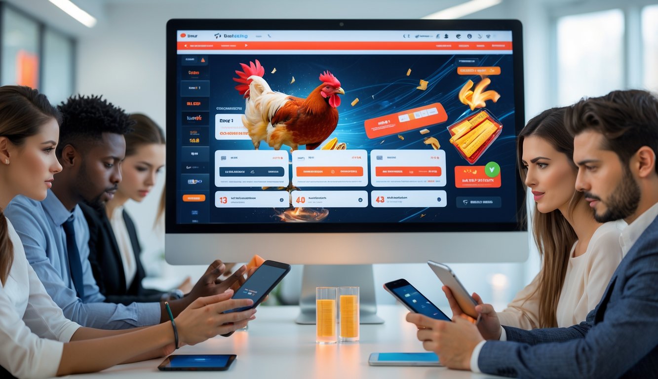 Orang-orang menggunakan komputer dan perangkat digital di kantor modern yang terang, menampilkan platform taruhan sabung ayam dengan suasana profesional dan cepat.