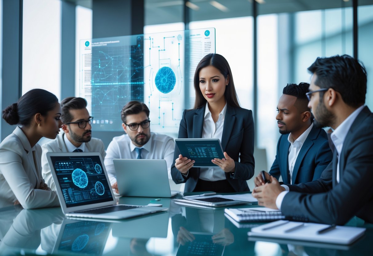 Des professionnels collaborant dans un bureau moderne pour rédiger un rapport technique sur les risques liés à l’IA.