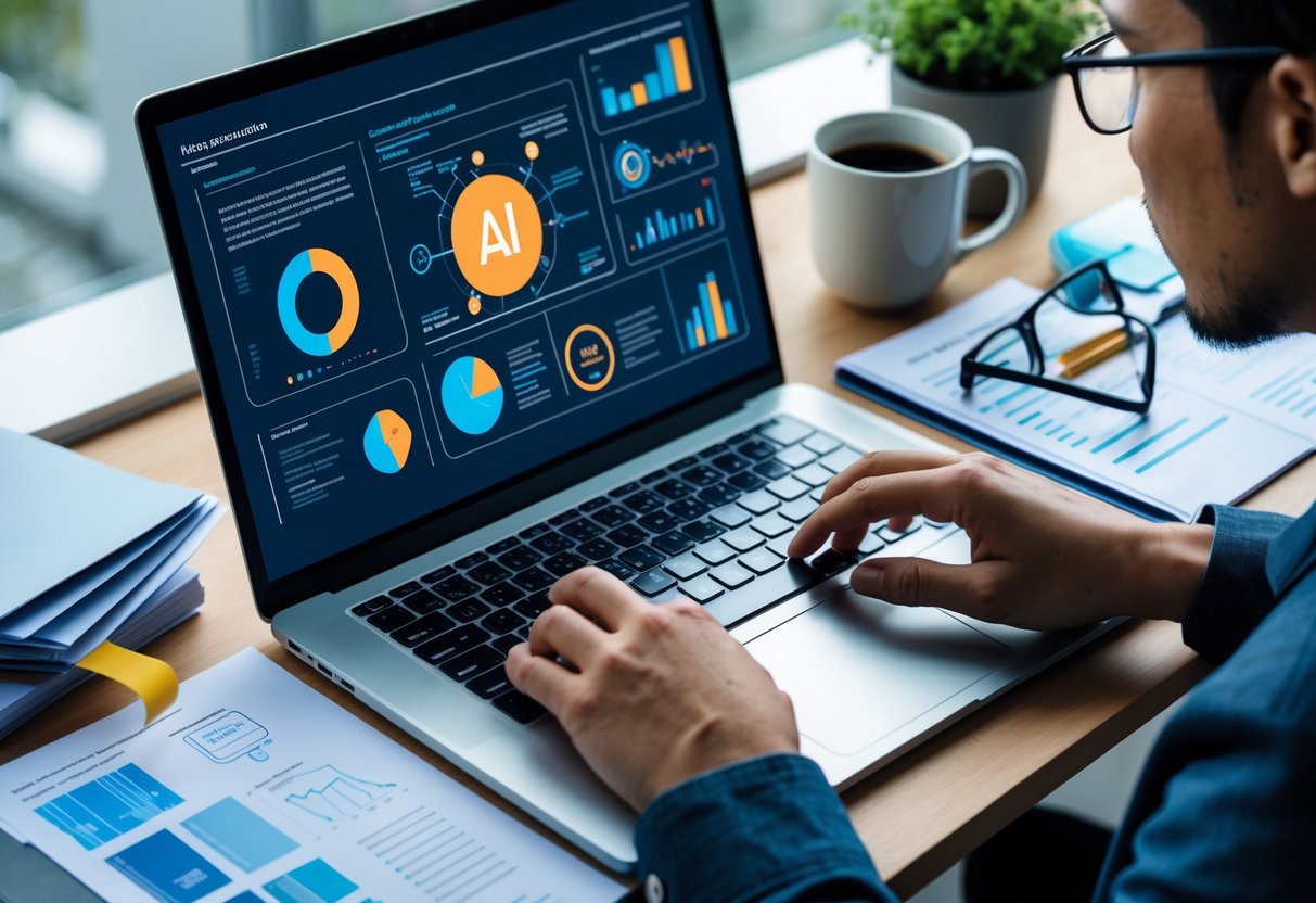 Une personne tape sur un ordinateur portable dans un espace de travail lumineux avec des documents techniques et un assistant numérique à proximité.