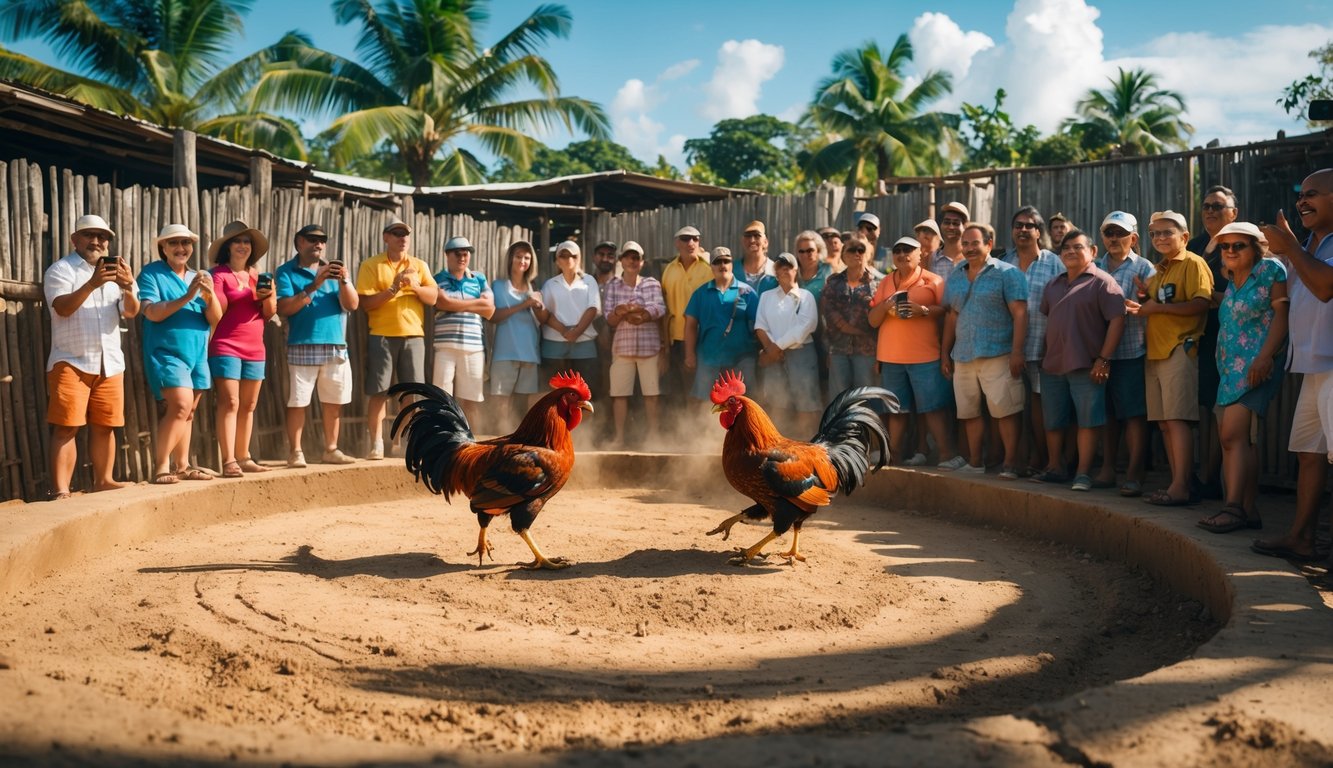 Adegan pertandingan sabung ayam tradisional di luar ruangan dengan dua ayam jantan sedang bertarung dan penonton yang antusias mengelilingi arena.