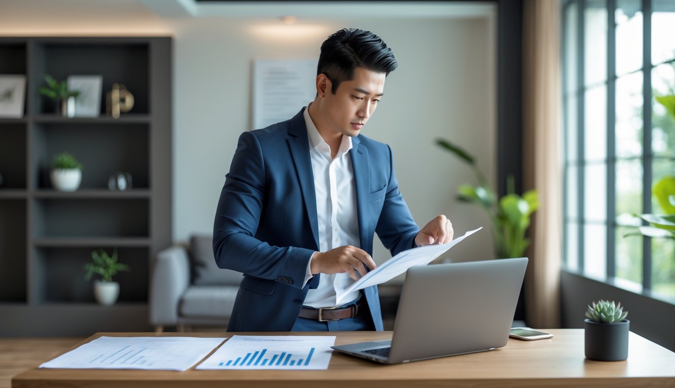 Seorang pria muda berdiri di ruangan modern sambil melihat laptop dengan ekspresi fokus.