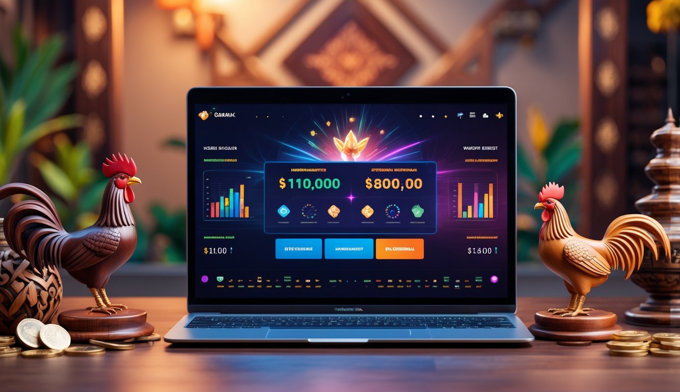 Layar komputer menampilkan platform permainan dengan dekorasi tradisional Indonesia dan model ayam jago di sekitarnya.