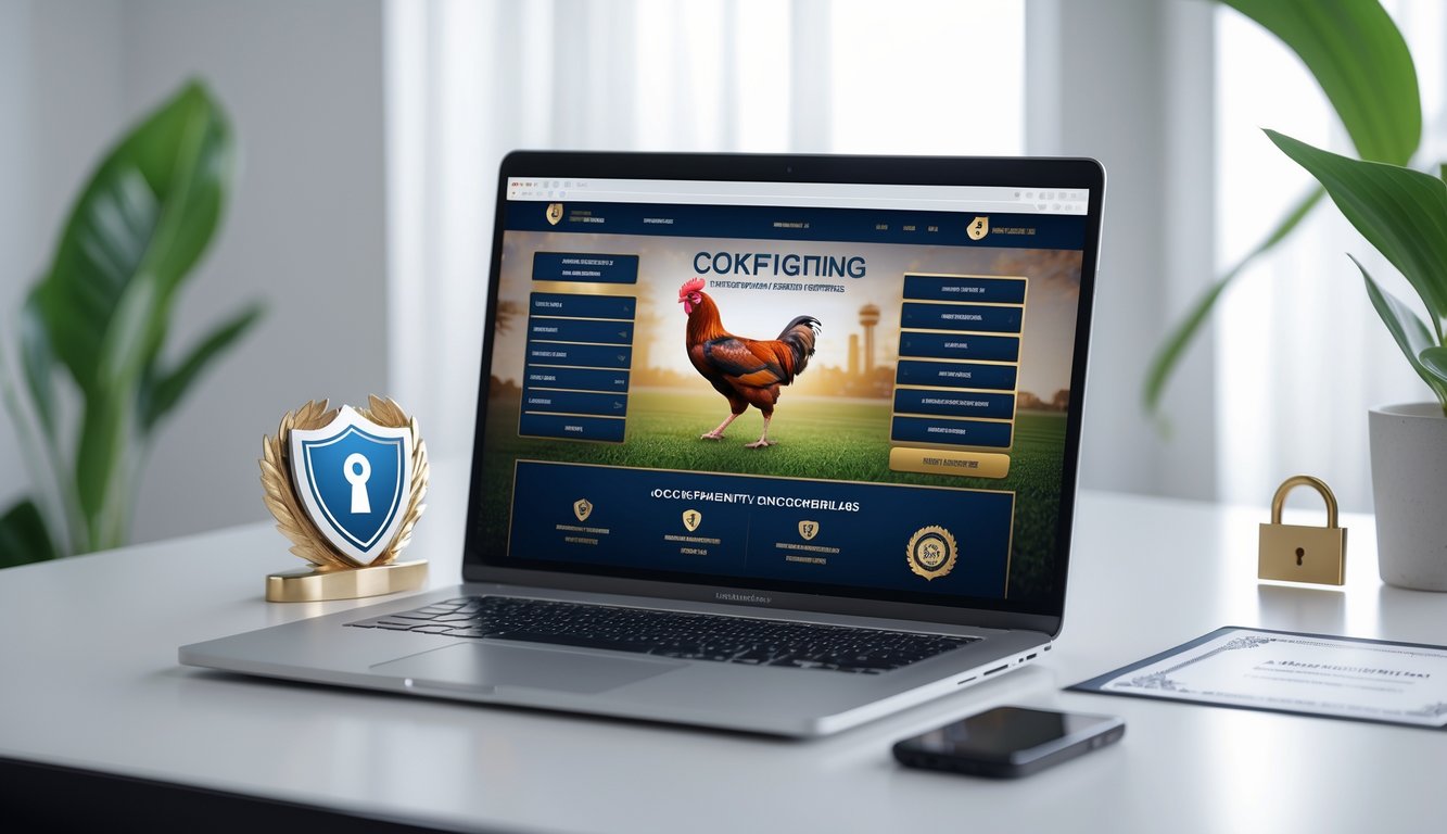 Sebuah meja kerja modern dengan laptop yang menampilkan antarmuka taruhan sabung ayam, dikelilingi oleh simbol keamanan seperti ikon perisai dan gembok.