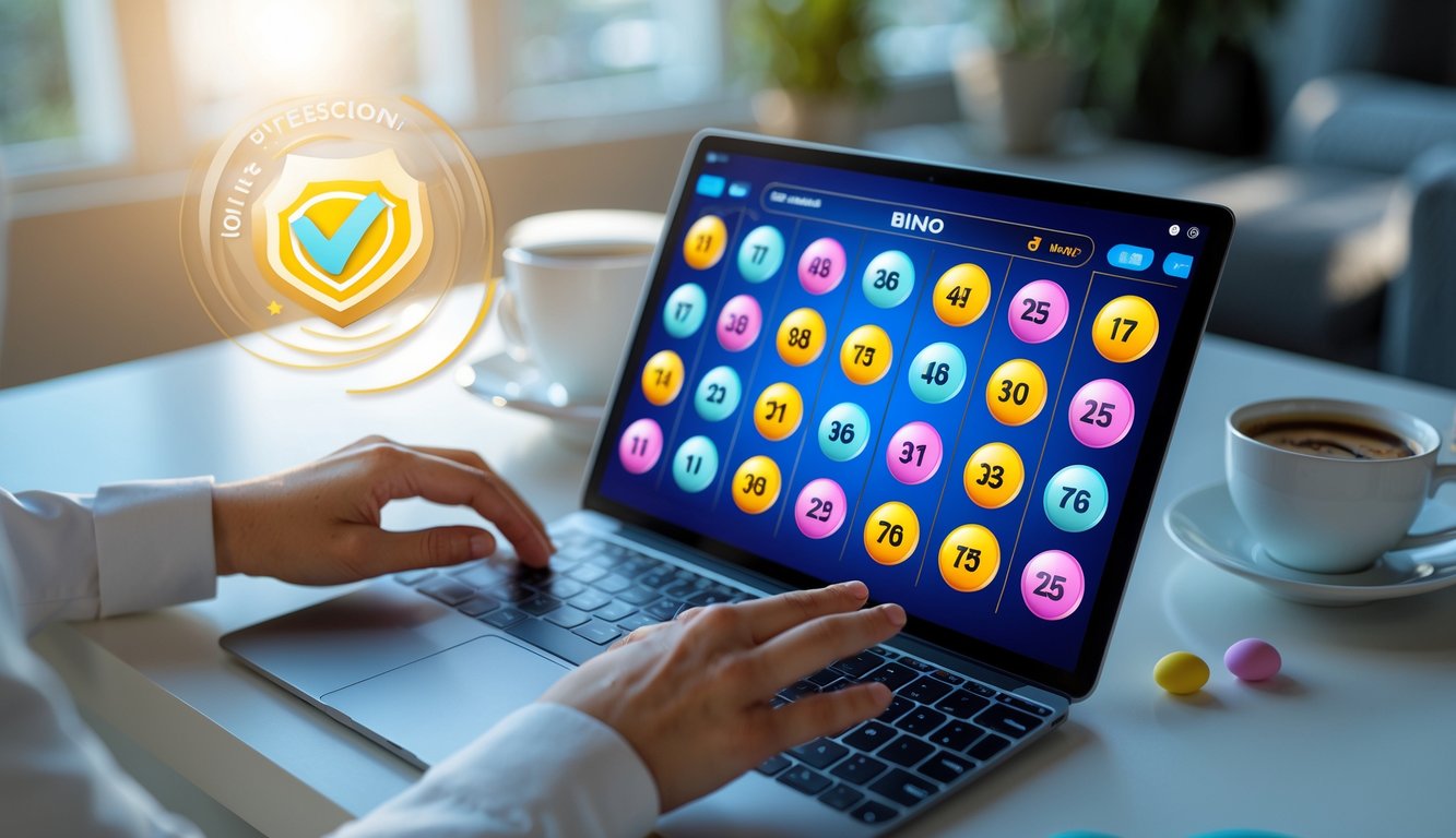 Seseorang menggunakan laptop dengan permainan bingo online yang terlihat di layar dalam suasana ruangan yang nyaman.