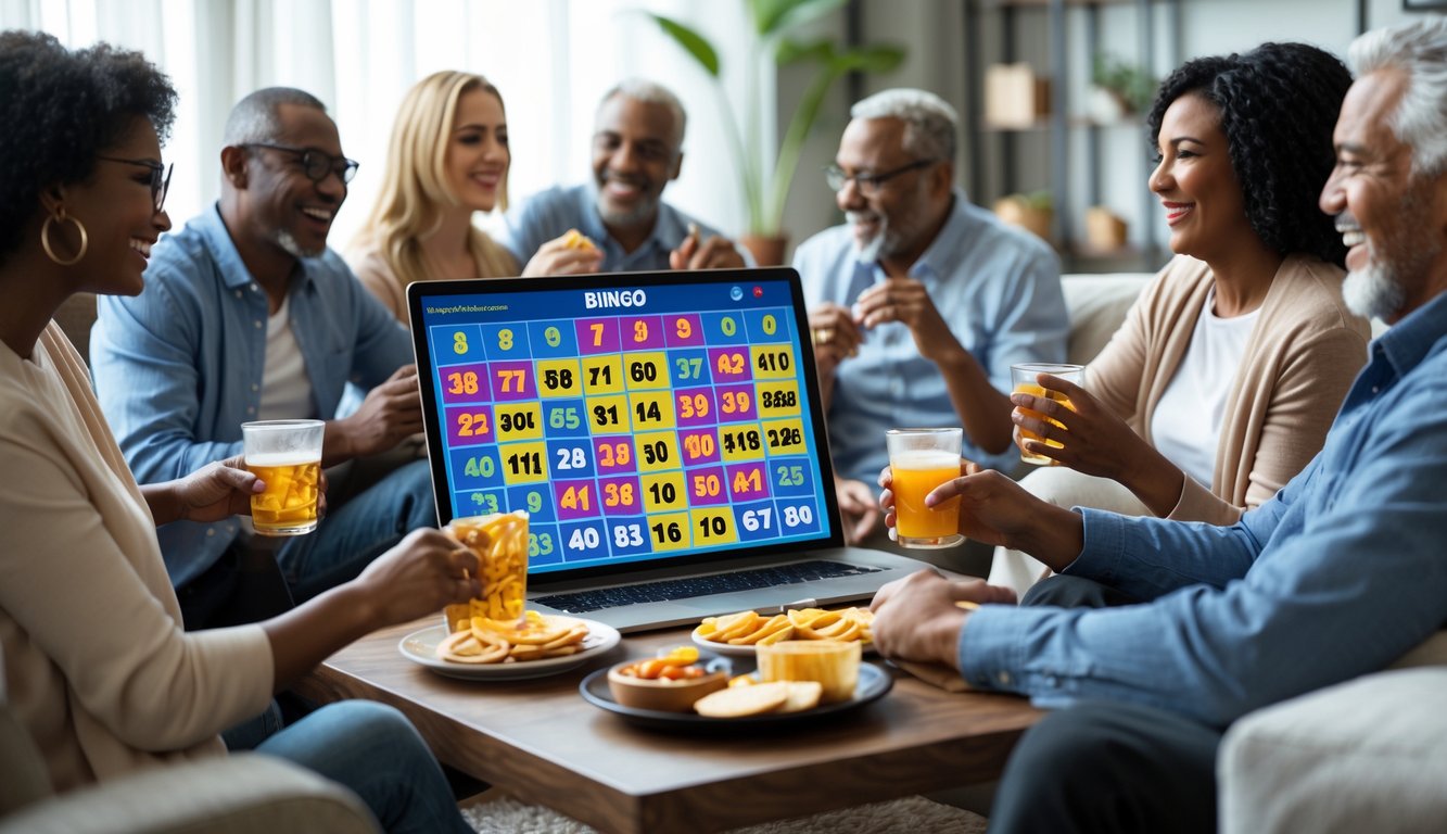 Sekelompok orang dewasa bermain bingo online menggunakan laptop di ruang tamu yang nyaman.