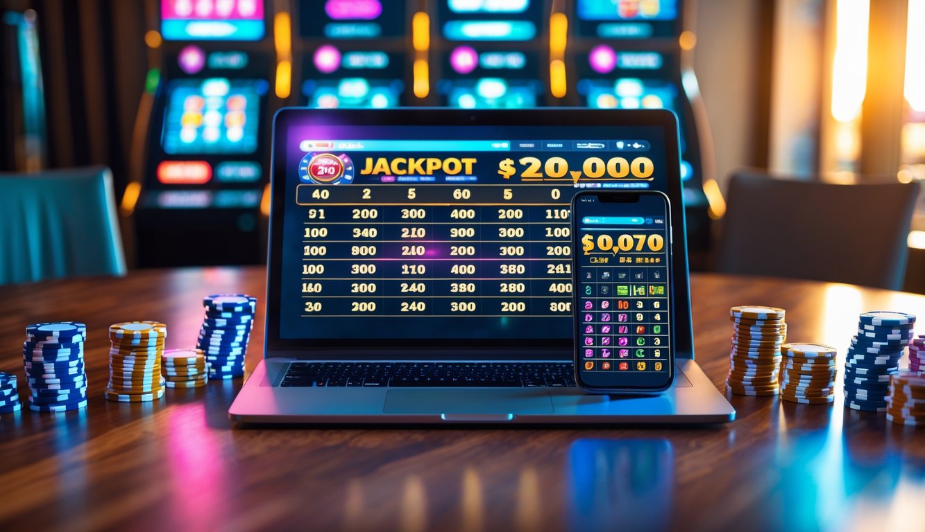 Sebuah laptop dan smartphone menampilkan permainan bingo online dengan jackpot besar, dikelilingi oleh chip poker dan kartu remi di atas meja kayu.