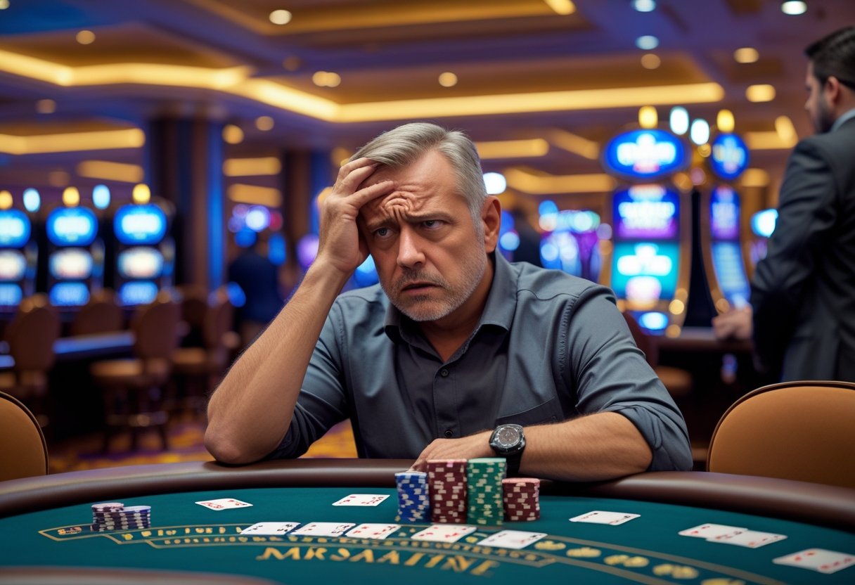 A man looking frustrated while talking to a casino employee at a gaming table inside a casino.