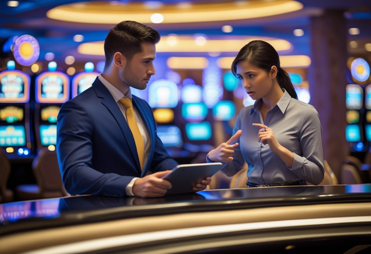 A casino customer service representative listens attentively to a patron at a help desk inside a casino.