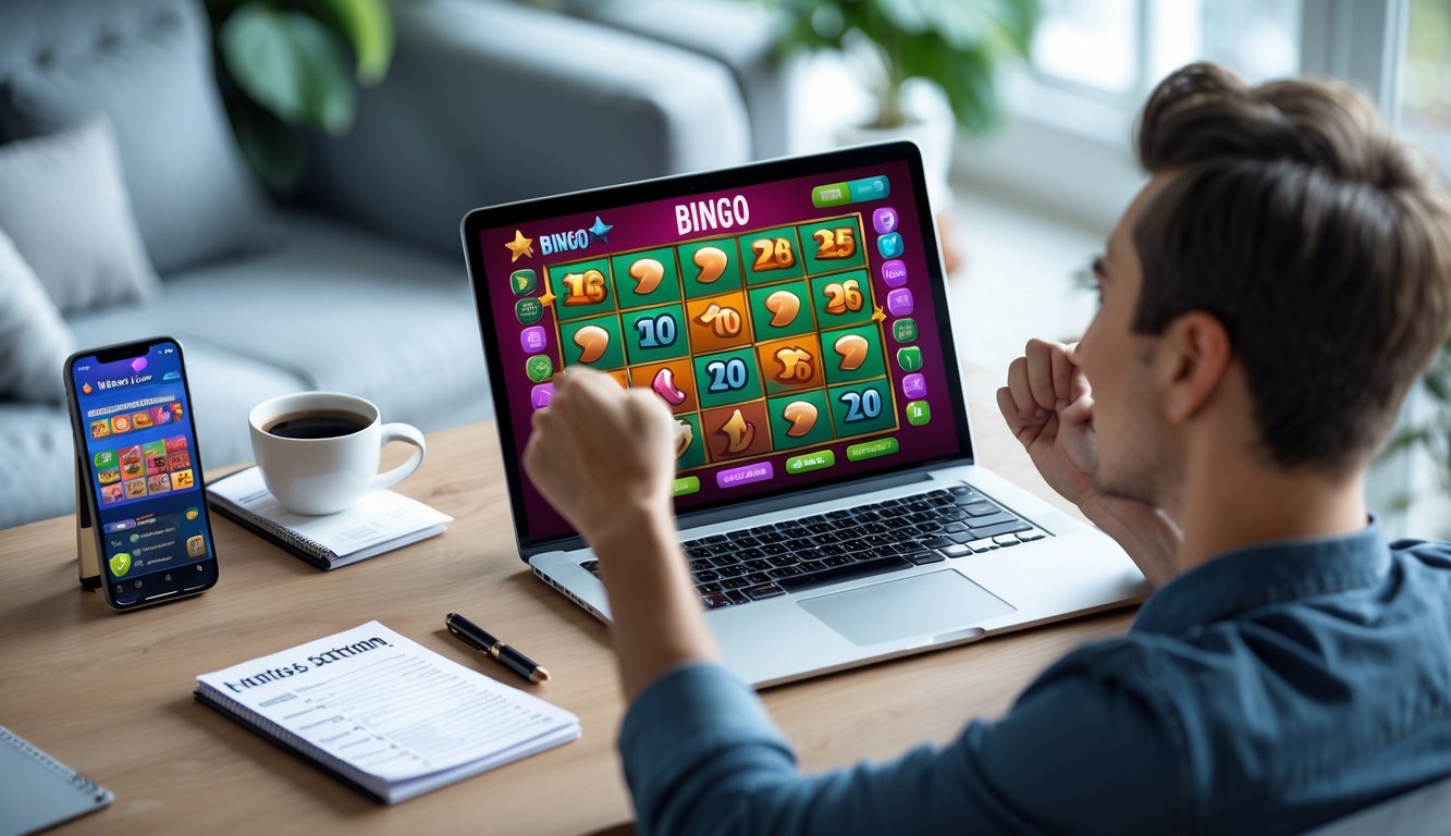 Seseorang duduk di depan laptop yang menampilkan permainan bingo online, tampak fokus dan percaya diri di ruang kerja yang rapi dan terang.