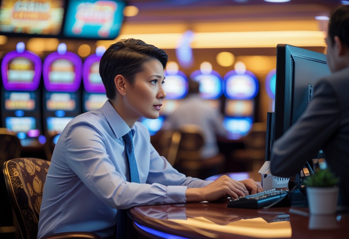 A person talking to a casino employee at a customer service desk inside a casino.