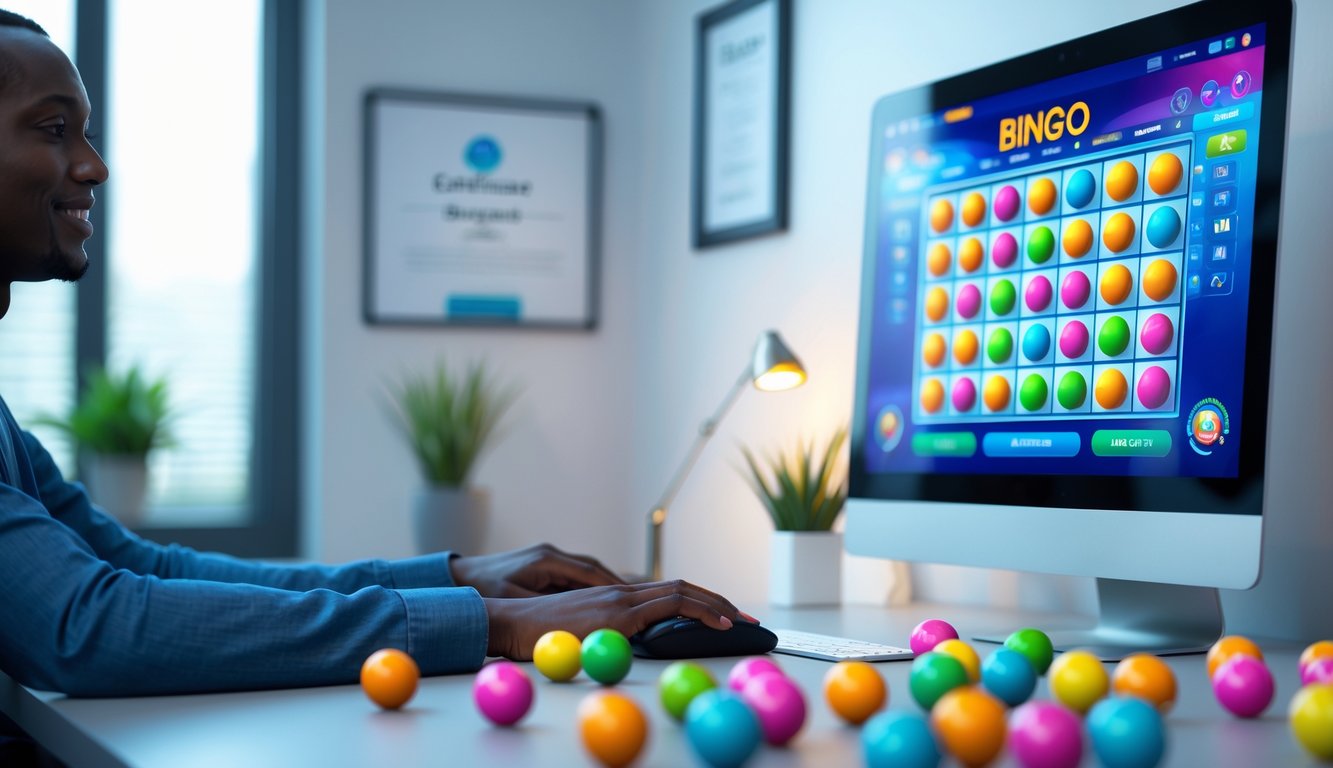 Seseorang sedang bermain bingo online di meja kerja dengan komputer dan bola bingo berwarna-warni.