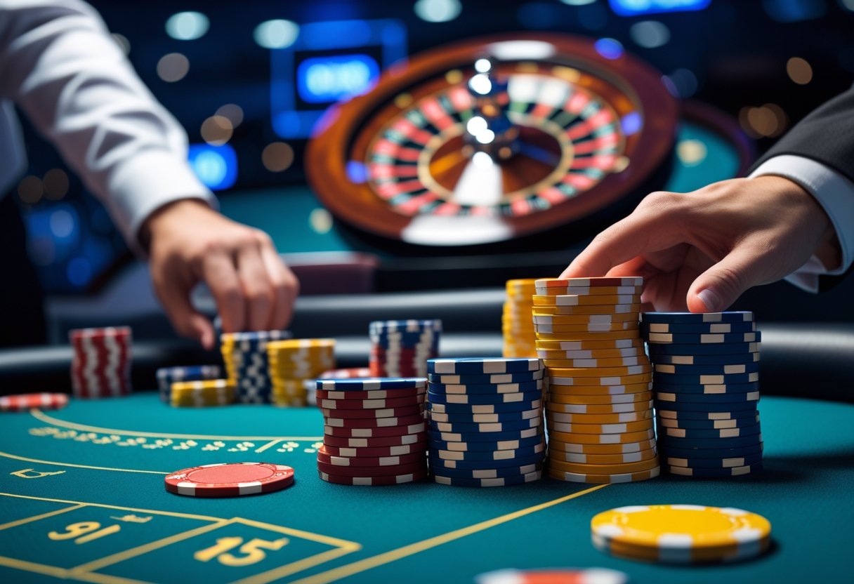 Close-up of a casino table with chips, a roulette wheel, and a dealer's hand placing chips.