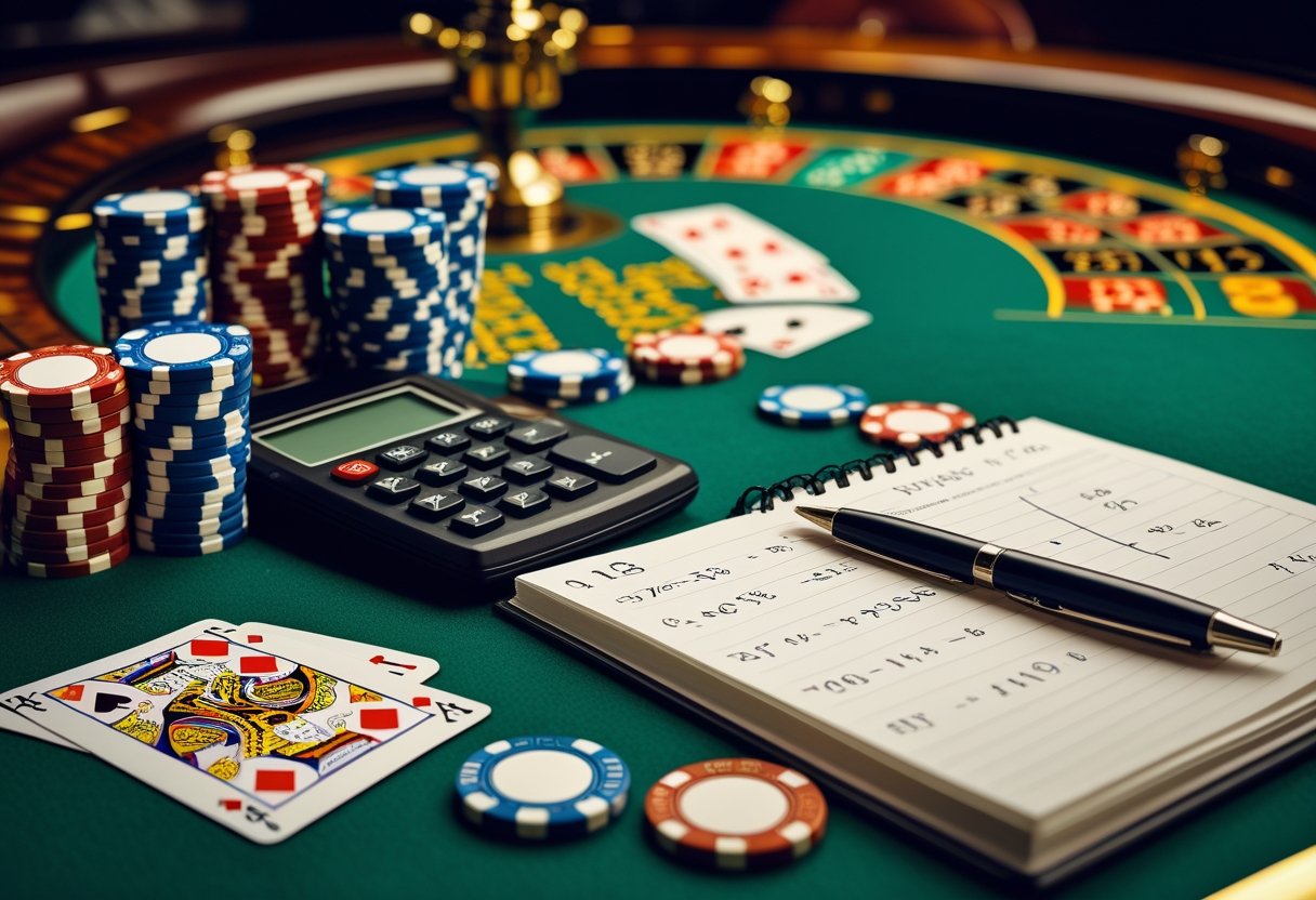 Close-up of a casino table with poker chips, playing cards, a roulette wheel, a calculator, a pen, and a notepad with handwritten notes.