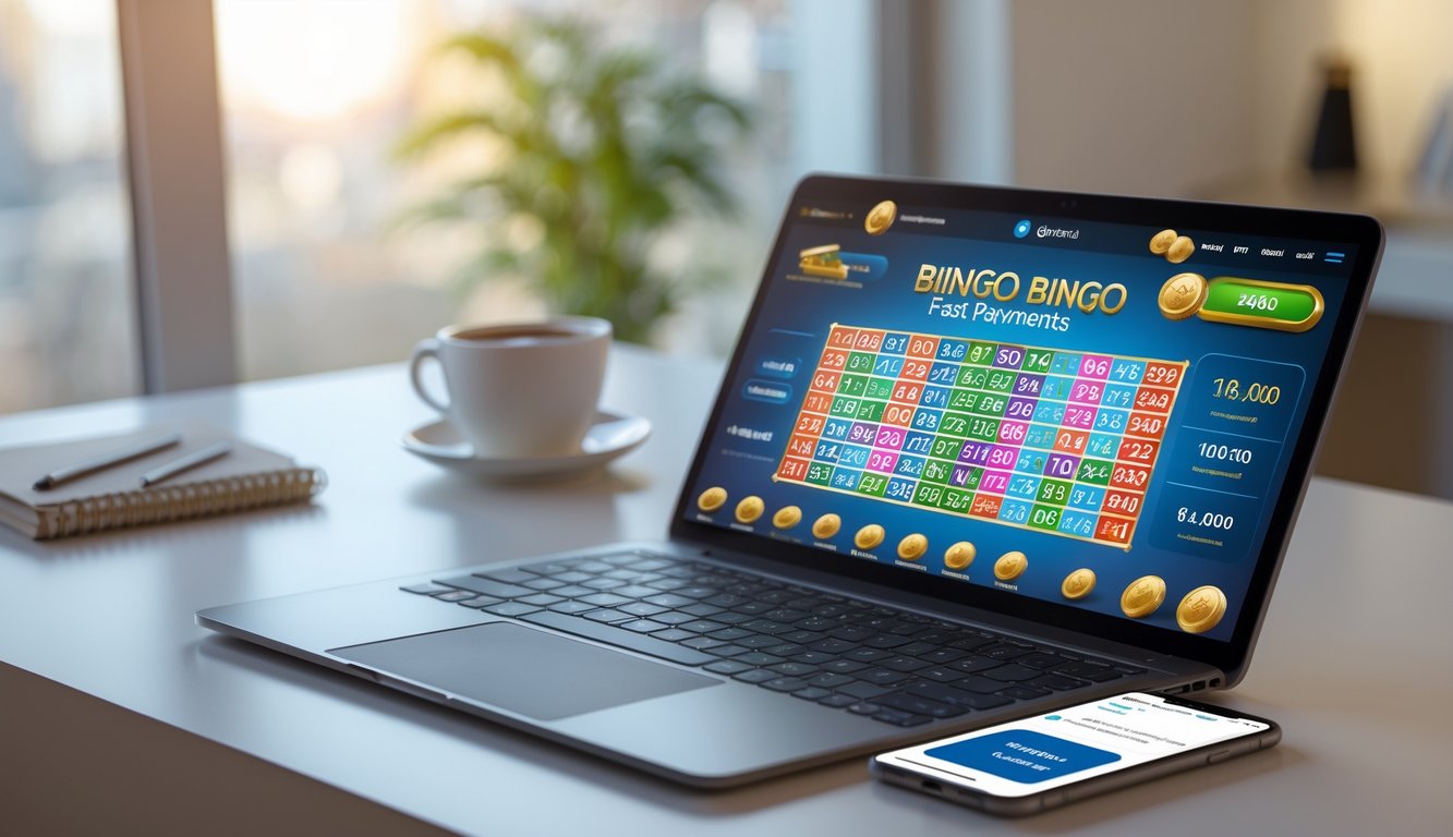 Sebuah laptop dan ponsel di meja yang menampilkan permainan bingo online dan konfirmasi pembayaran cepat.