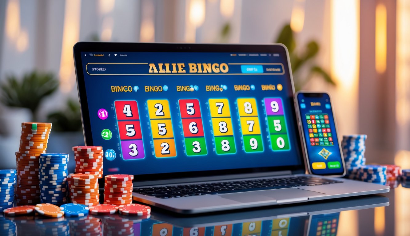 Sebuah laptop menampilkan kartu bingo digital dengan tumpukan chip kasino dan kartu remi di meja kerja yang rapi.