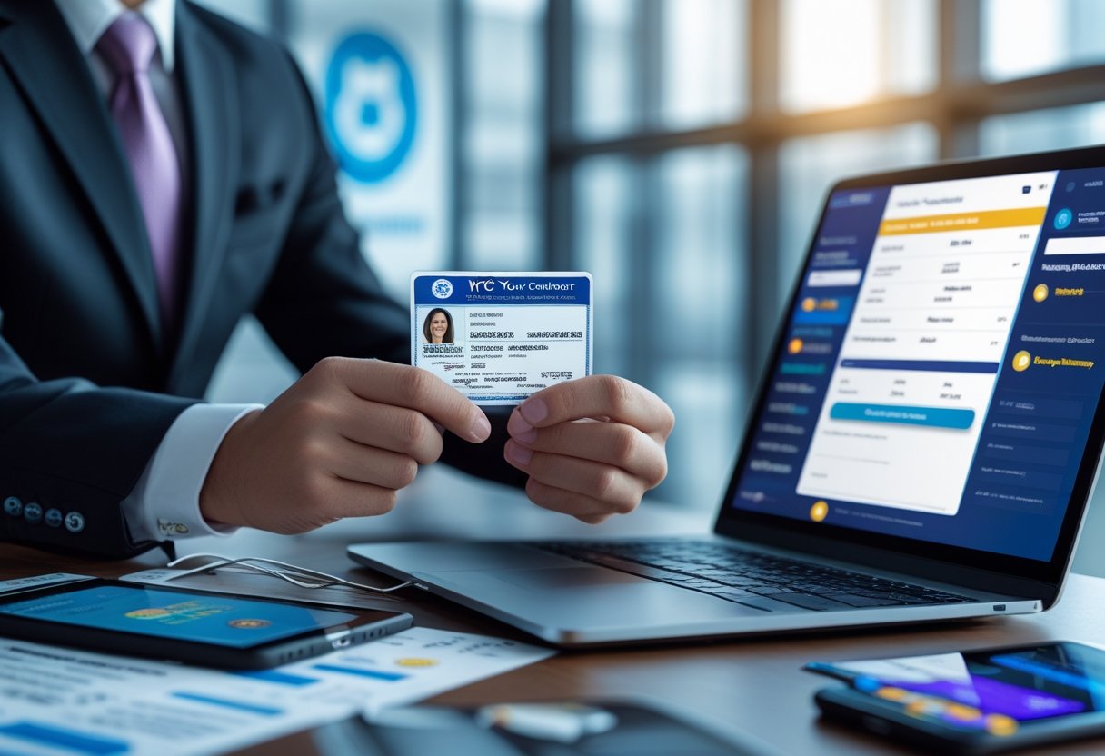 A professional reviewing identification documents and verifying user information on a laptop in an office setting related to gambling.