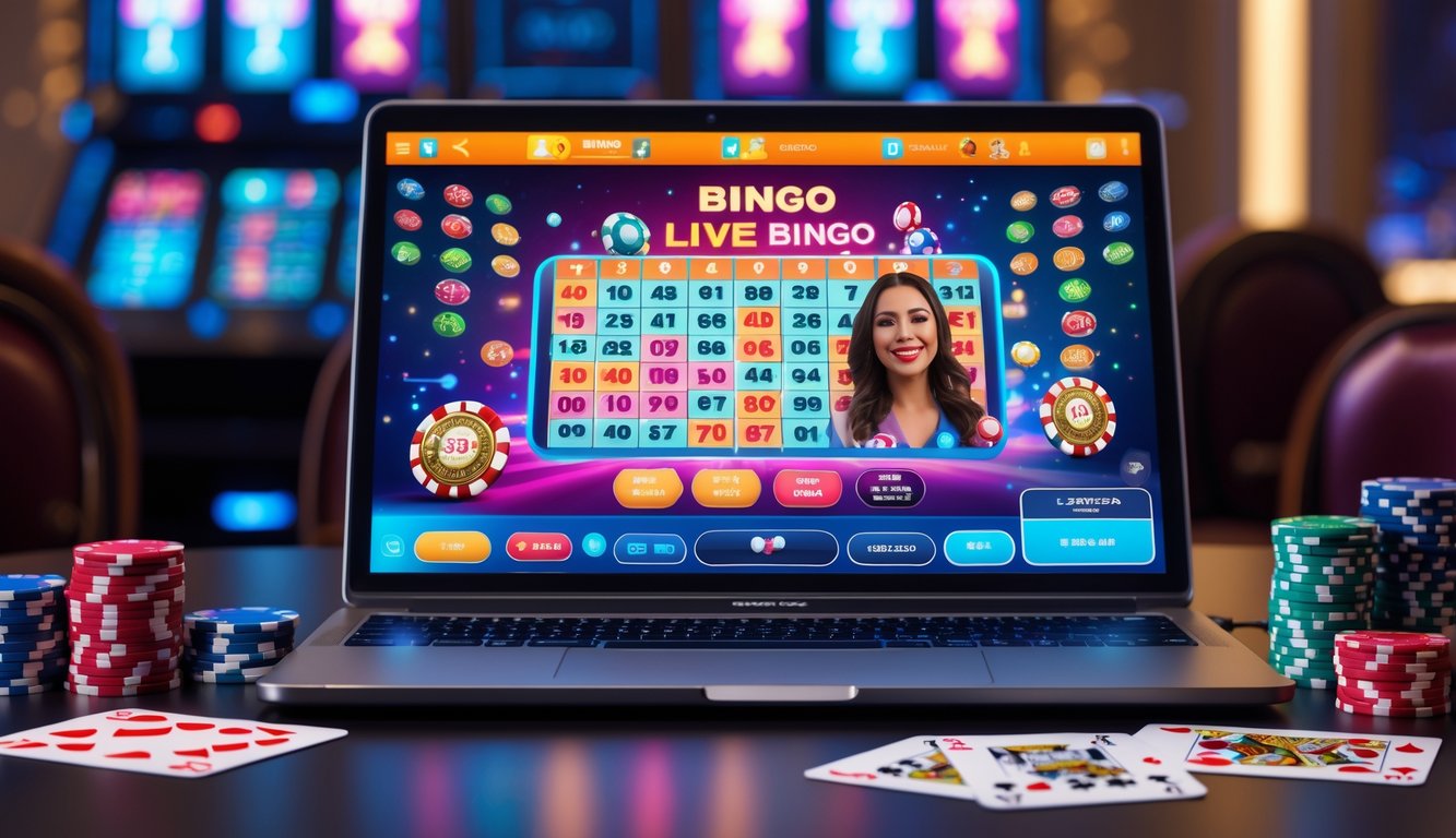 Seseorang bermain bingo online langsung di komputer dengan latar belakang suasana kasino.