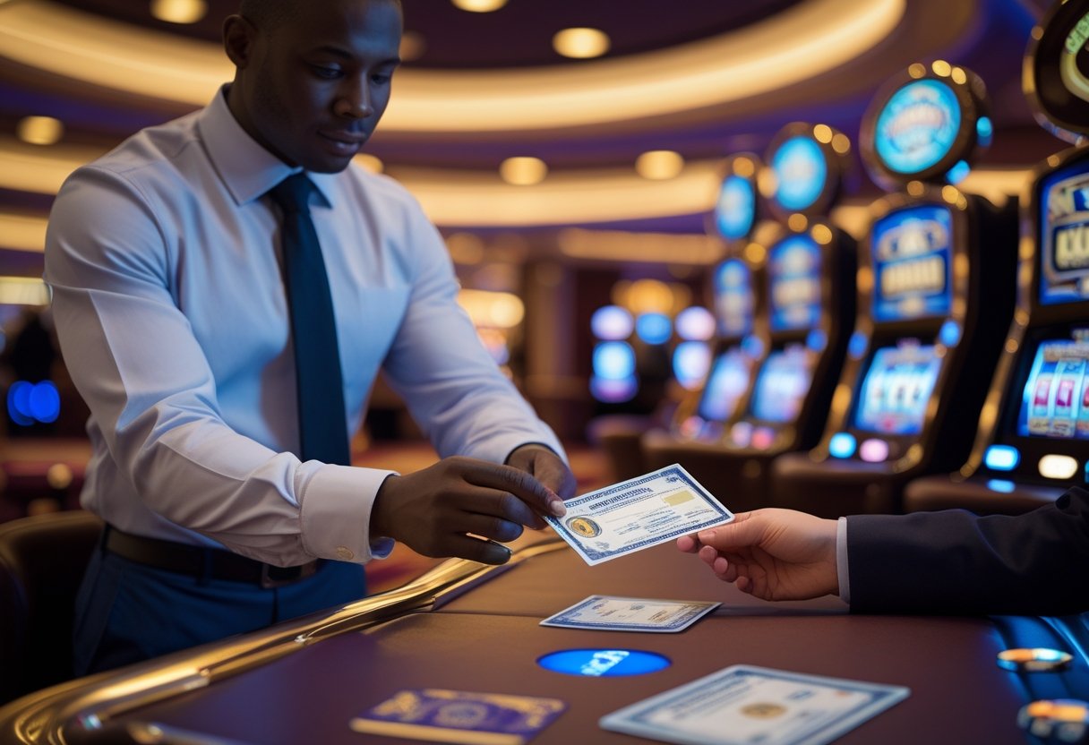 A casino employee verifies a player's identity by checking an ID in a casino setting.