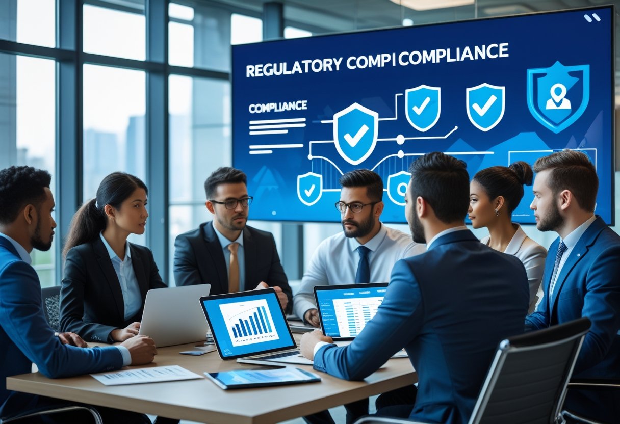 A group of professionals discussing compliance and verification processes around a conference table in a modern office.