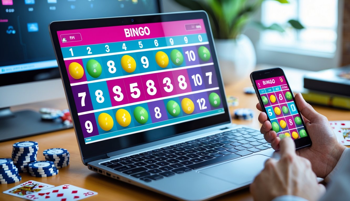 Seorang pemain menggunakan laptop dan ponsel untuk bermain bingo online di meja kerja dengan perlengkapan kasino di sekitarnya.