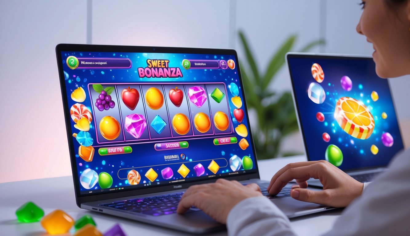 Orang menggunakan komputer dengan permainan slot online penuh warna yang menampilkan buah dan permen.