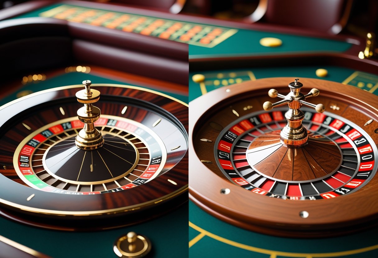 Close-up of two roulette wheels side by side on a casino table, one European with a single zero and one American with single and double zero pockets.