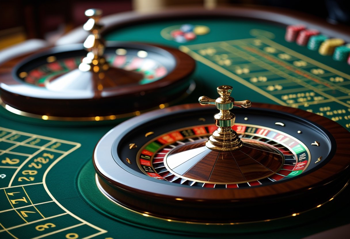 Close-up of European and American roulette wheels side by side on a casino table.