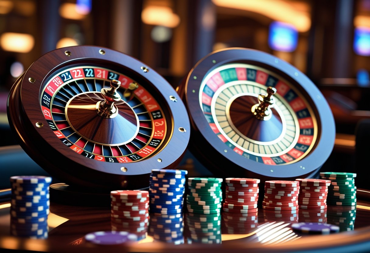 Close-up of European and American roulette wheels side by side on a casino table with betting chips around them.