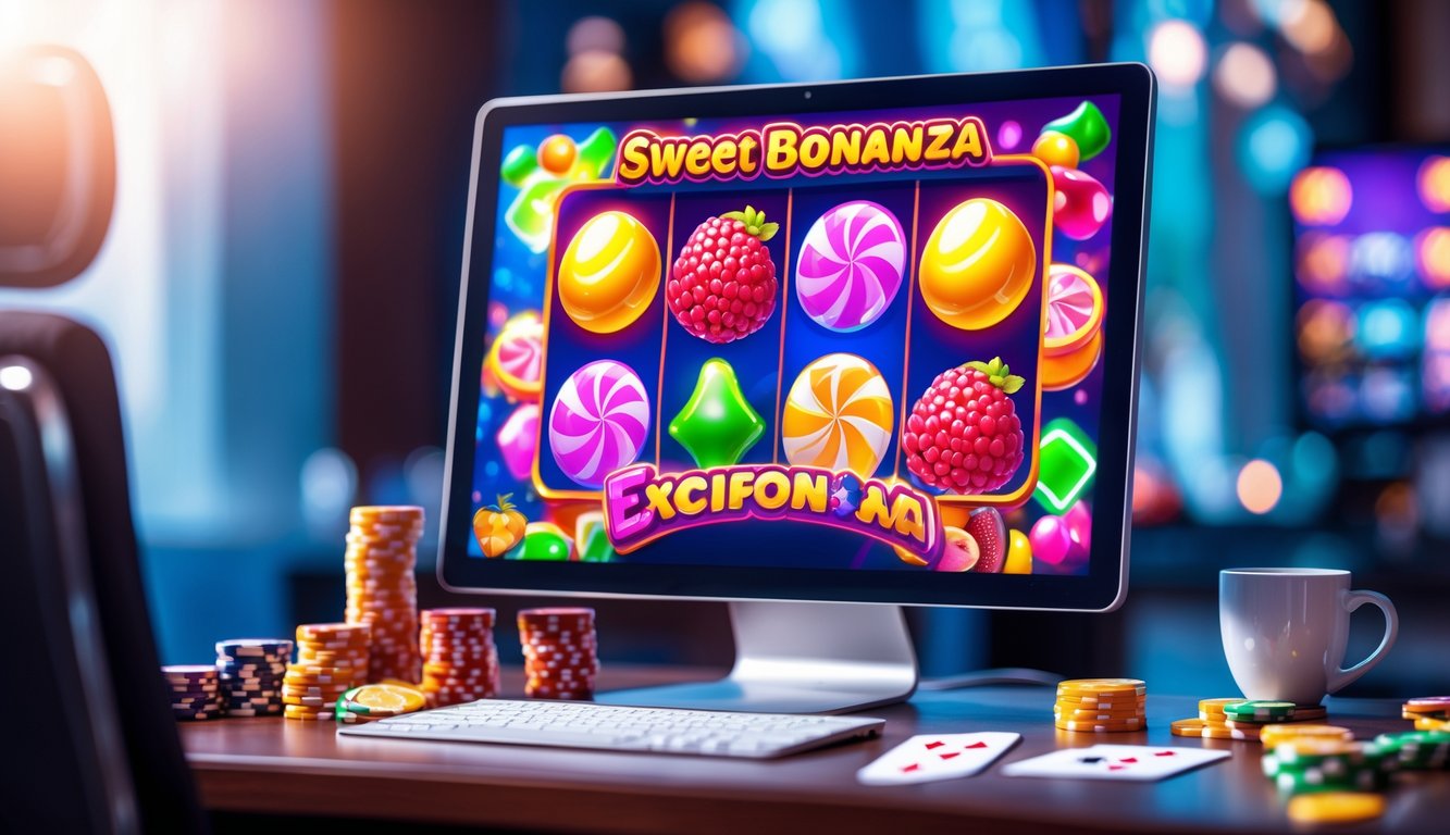 Layar komputer menampilkan permainan slot Sweet Bonanza dengan simbol buah dan permen berwarna cerah di atas meja kerja modern.
