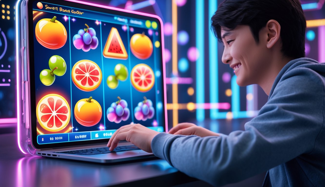 Seorang pemain muda yang senang bermain permainan slot buah berwarna cerah di perangkat digital dalam suasana game online yang hidup dan modern.
