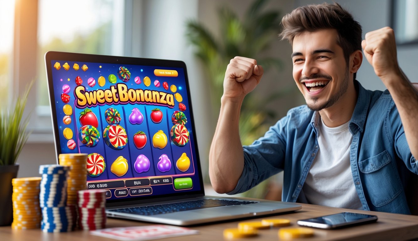 Seseorang yang senang duduk di depan laptop dengan permainan Sweet Bonanza di layar, merayakan kemenangan bonus besar di rumah.