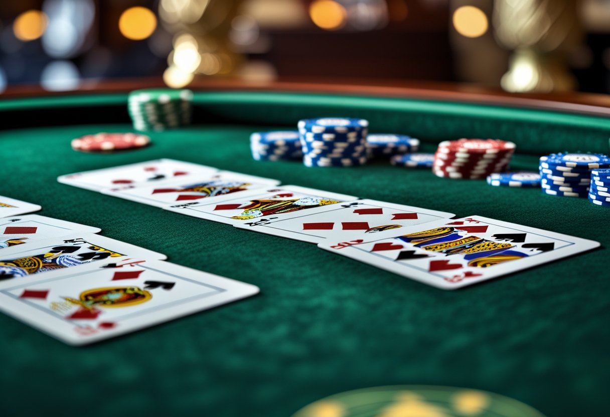 Close-up of Baccarat playing cards arranged on a green felt table with casino elements blurred in the background.