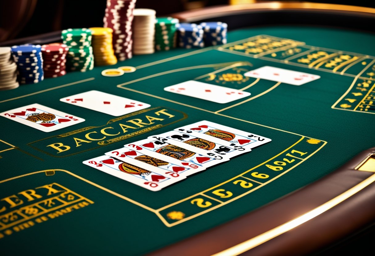 Close-up of baccarat playing cards arranged on a green casino table with chips nearby.