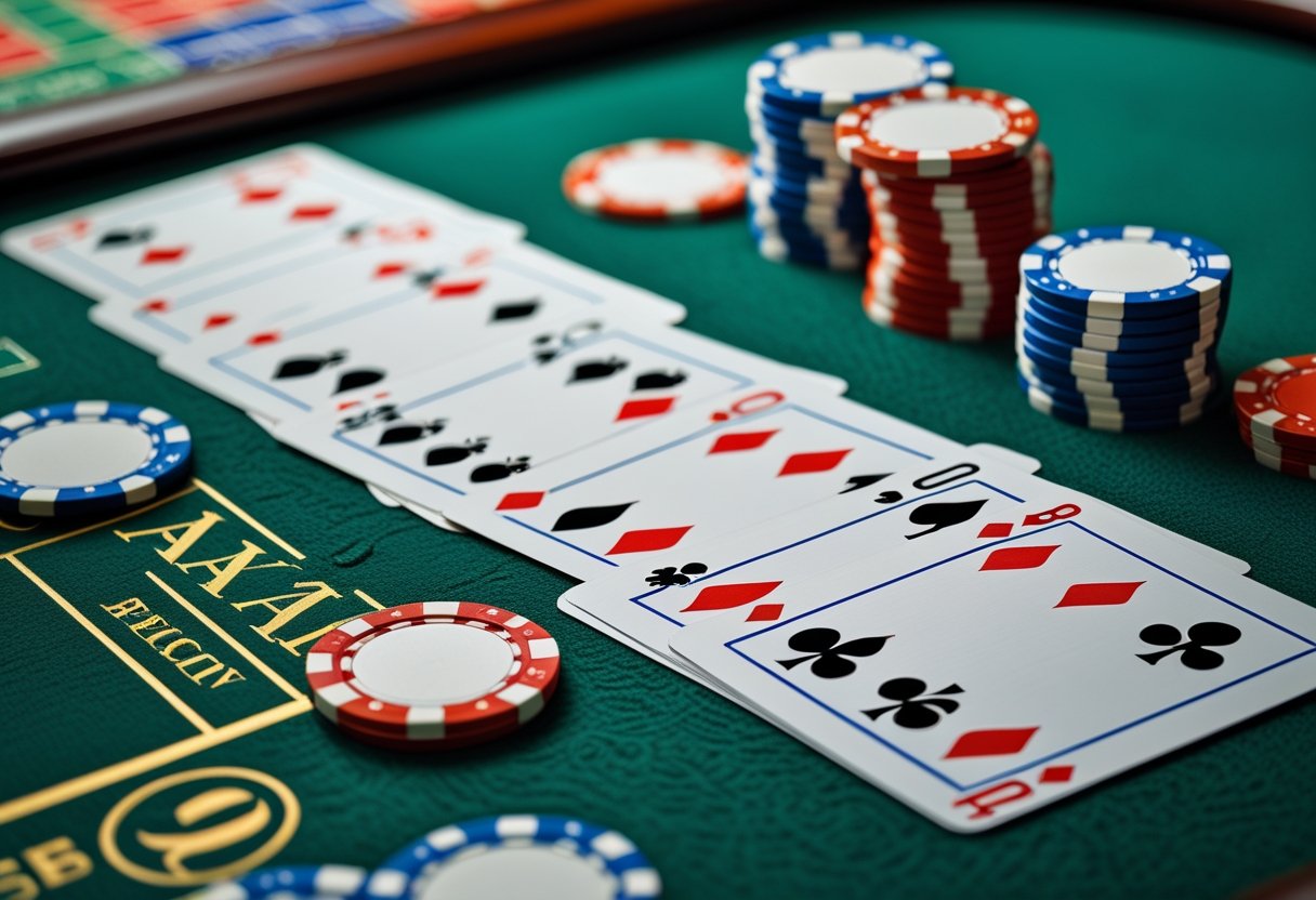Close-up of baccarat cards and poker chips arranged on a green casino table.